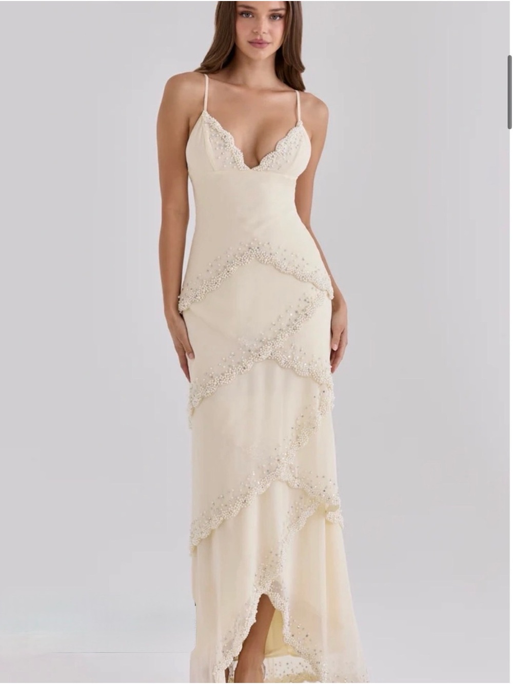 NWT Thrifted Vintage Elegant Cream Pearl Trim Maxi Dress